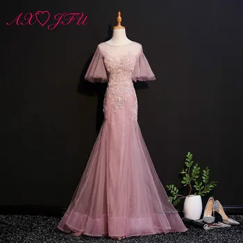 AXJFU Princezná ružová čipka kvet lištovanie crystal morská víla večerné šaty luxusné vintage o krk pagoda rukáv, ružová večerné šaty