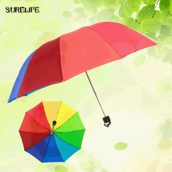 Veľké rainbow tri-skladanie dažďu a UV ochranu dáždnik pre ženy a mužov, 10 rebier vetru, vysoká kvalita