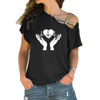 Vtipné Srdcový Tep v Rukách Tlačiť T-shirt Ženy Kreatívne Grafické Tee letné oblečenie Veľká Veľkosť Nepravidelný Skosenie Kríž Obväz Čaj