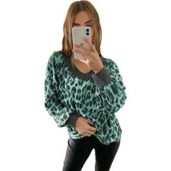 Leopard Tlač Tričko V-Neck Dlhý Rukáv Jeseň Ženy Voľné Pulóver T-Shirt Bežné Dievčatá Street Style Tee Topy
