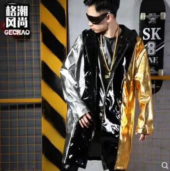 S-5XL Mužov Nový spevák Módne DJ GD Hip hop Patchwork Kontrast farby s Kapucňou PU plášť plášť plus veľkosť fáze Výkonu kostýmy