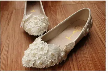 Čipky bytov topánky pre ženy slonoviny svadobné svadobné bytov topánky ručne vyrábané plus veľkosť motýľ nevesty čipky kvet bytov topánky ženy