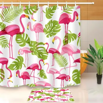 Sprchový Záves Nepremokavé Vaňa Príslušenstvo Tropických rastlín, listy Flamingo Vtákov