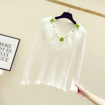 2020 Jar Nové Sladké Korálkové Kvet Čipky Panel tvaru Long-Sleeve Slim-Fit Zrastov Top Sveter Shirt Dámy Sveter Plný Femme Tričko