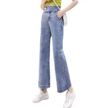 Ženy Jar Jeseň vysoký pás džínsy žena Single-breasted voľné širokú nohu, nohavice bežné džínsové nohavice q519
