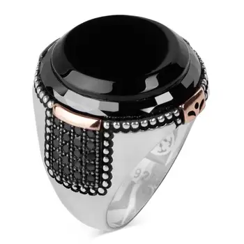 Mini Kameň Zdobených Black Onyx Mincový Striebro Exkluzívne Krúžok Módny Turecký Premium Kvalitné Ručné Jawelery