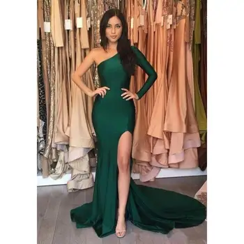 Hunter Green Morská víla Šaty Ples Dlho 2021 vestidos de gala Lacné Jedného Pleca Večerné Šaty Strane Split Formálnej Strany Šaty