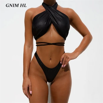 GNIM Obväz Brazílskych Plavkách, Ženy Dva Kusy PU Kožené Bikini Mujer 2020 Sexy Tangá Plavky Black Backless plavky