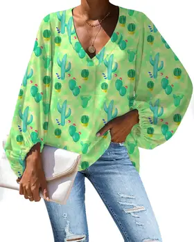 Ženy, Blúzky, Kaktus Vzor Bežné Šifón Voľné Blúzky Dlhý Rukáv Tričko Topy tvaru Veľkej Veľkosti Žien Plus Veľkosť Oblečenie