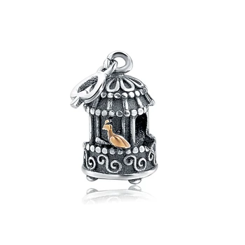 925 Sterling Silver Roztomilý Birdcage Charms Zlatý Vták Korálky Fit Pandora Náramok Pre Ženy Módne Šperky Robiť Darčeky Veľkoobchod