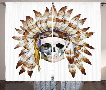 Lebka Záclony Lebky Pôvodných Mŕtvy Človek Akvarel Obraz s Perím Etnických Obývacej Izby, Spálne, Okno Závesy Biela Hnedá