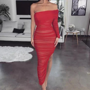 Celebrity red one-ramenný lomka krku sexy ženy Celebrity Elegantné dlhé rukáv Fashion Ženské Šaty vestido
