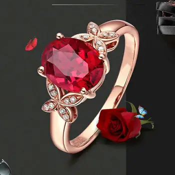 Motýľ Ruby kamene, red crystal zirkón diamantové prstene pre ženy 18k rose gold color romantické šperky bijoux bague strany darček