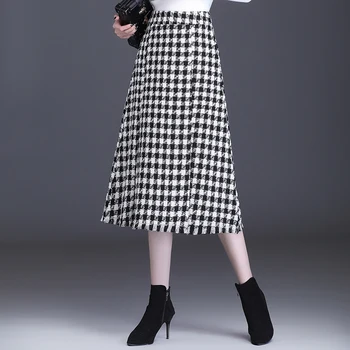SHINYMORA 2020 Nové Jeseň Zima Vysoký v strede zúžený Teplé Kockované Sukni Žena Vintage Elegantné Čierne Biele Skontrolujte Slim Midi Ženy Sukne