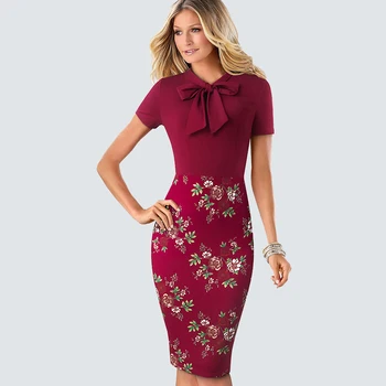 Elegantné patchwork kvetinový vytlačené ženy šaty Luk Vintage Bežné Vybavené Bodycon Business letné šaty HB535