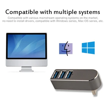 Zliatina hliníka Mini 3 Port USB 3.0 Hub Rotačné USB Rozbočovač Adaptér Pre PC, Notebook, Vysoko-rýchlostný Prenos Koncentrátor