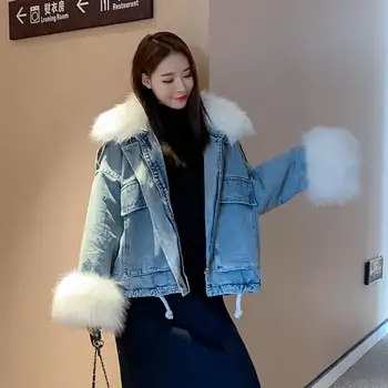 Zimné kórejský štýl voľné hrubé luxusný parník veľké kožušiny golier denim bavlnená bunda krátka srsť