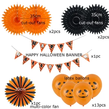 19pcs Čiernej a Oranžovej Halloween Party Dekorácie Nastaviť Šťastný Halloween Pennant Vlajky Zástavy Balóny Tissue Papiera Fanúšikov DIY Deti