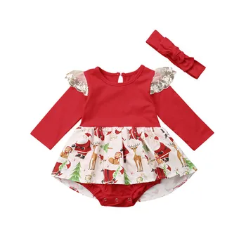 0-24M Novorodenca Dieťa Baby Girl Dress Vianočné Bavlny Dlho Lietať Rukáv Romper Jumpsuit Sundress 2 ks Oblečenie Detské Oblečenie