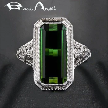 BLACK ANGEL Vintage Thai Striebro Vytvorené Emerald Obdĺžnik Zelený Drahokam Otvoriť Krúžok Pre Ženy Módne Šperky Vianočný Darček