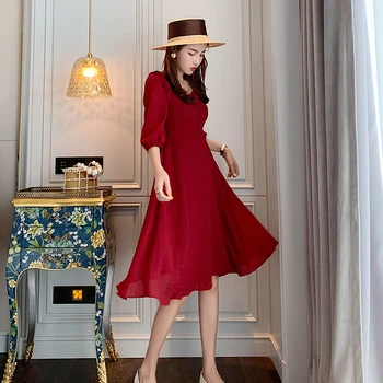 Letné Ženy Červené Šaty kórejský Dámy Sladké Polovičný Rukáv Pevné Tlačidlo Vintage Šaty Elegantné tvaru Čipky Kolená Dĺžka Šiat