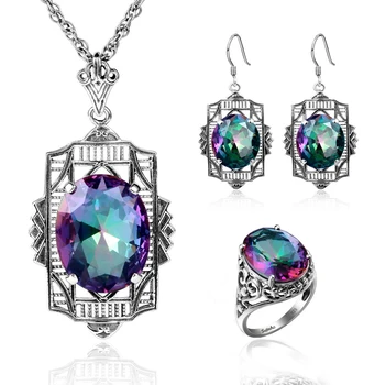 Dubaj Šperky Sady Striebro 925 Pre Ženy, Svadobné Doplnky, Náušnice, Prívesok, Prstene Sady Vintage Rainbow Crystal Jemné Šperky Nové