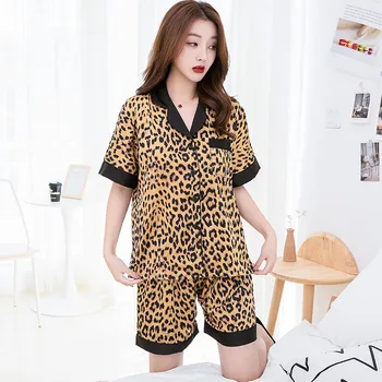 Ženy Hodváb Sexy Letné Bielizeň Pijiama Leopard Saténové Krátke Pyžamo Šortky Šaty Kórejský Dve Kus Pajama Sady Sleepwear
