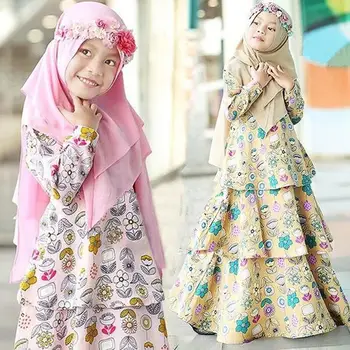 Moslimské Dievčatá Tortu Šaty 2 Ks Súpravy Islamský Hidžáb Oblečenie Abaya Deti Niqab Burqa Deti Tlač Kvet Kaftan Jilbab Party Šaty