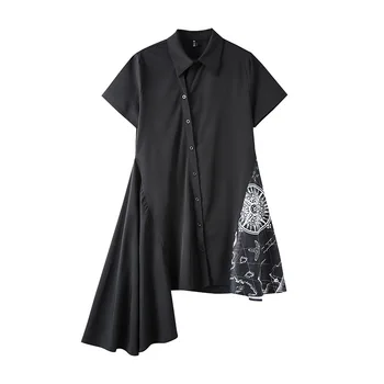2020 Lete Tmavé Šaty Žien Dizajn Zmysel Yamamoto Štýl Nepravidelný Tričko Šitie Kvetinový Tlačené Šaty