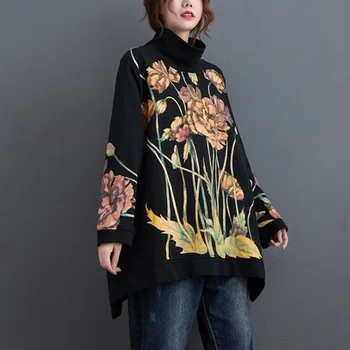 2021 Jar/jeseň Ženy Sveter Turtleneck Voľné Tee Tričko Femme kórejské Oblečenie Plodín Top Tričko Tlač Bežné Plus Veľkosť 3xl