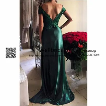 Elegantné 2019 Zelená prom šaty, Dlhé vestidos de fiesta Čipky Appliques Predné Štrbinou Mimo Ramenný Formálne Večer Prom Party Šaty