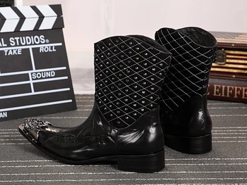 Hot predaj červená/čierna farba cowhide kožené sklzu na členková obuv železa hlavu pánske vysoko kvalitné jazdecké topánky chaussure homme EU46