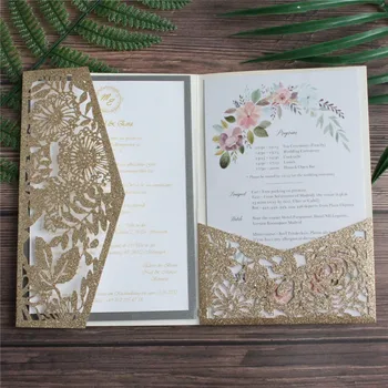 Rustikálny bling tri-fold pozvanie vrecku svetlo ružové zlato Svadbu, krst výročie Strany Prispôsobené pozvať