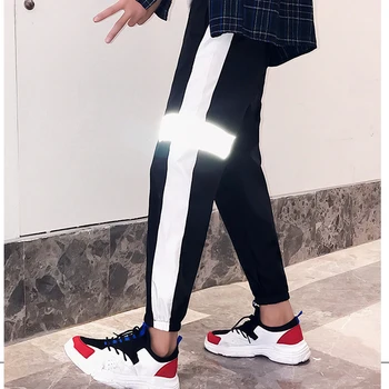 Leto Jeseň nohavice ženy Prúžok kórejský voľné Reflexné nohavice streetwear osobnosti trend tanec hip hop nohavice Elastický Pás