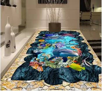 Vlastný Obrázok samolepiace Podlahy tapety Ocean World Obývacia Izba, Kúpeľňa Dolphin nástenná maľba 3D Podlahy, Maľovanie na stenu, nálepky
