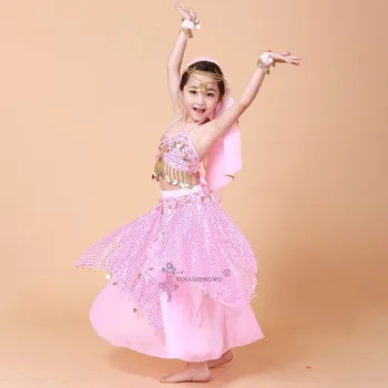 Deti Brušného Tanca Kostým Nastaviť Výkon Indický Bollywood Orientálna Deti Tanec Sukne Bellydance Šifón Šaty Oblečenie 5 ks