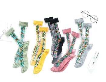 1 Pár Vintage Sexy Kvetinová Ženy Transparentné Ponožky nový štýl Lete Čipky Prehrabať Mäkké Záhybov Elastická Sieťovina Krátke Ponožky