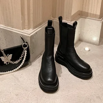 Platforma Chelsea Boots Ženy, Luxusné Značky Originálne Kožené Biele Členkové Topánky Anglicko Štýl Práce, Topánky Žena Vysoký Vrchol Topánky