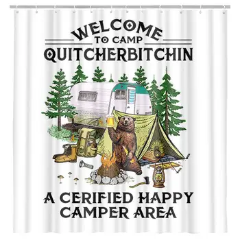 Vtipné Camper Sprchový Záves, Medveď Pijú Pivo, Kempingových Prívesov Rv Stan Ohňa v Lese Lesné Vitajte na Tábor