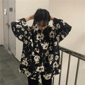 2021 nové jeseň retro Hong Kong Štýl voľné tričko, tenká kvetinový tričko s dlhým rukávom dámske fashion plus veľkosť oblečenie pre ženy