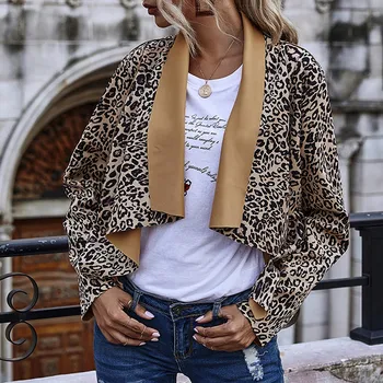 Módne dámske Dámy Dlhý Rukáv Turndown Golier Otvoriť Predné Coats Bežné Leopard Vytlačené Nepravidelný Bunda Topy Outwear#g3