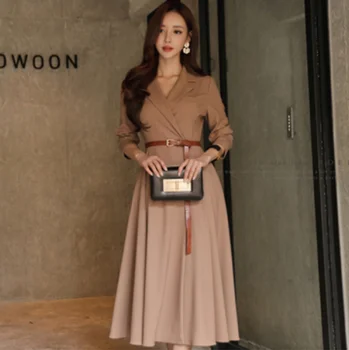 2021 kórejských žien vyhovovali štýlu pás dlhé rukávy slim veľké šaty šaty pás Členok-Dĺžka Pevné