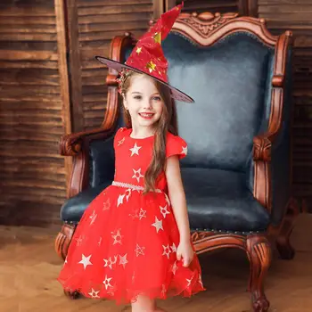 2020 Deti Halloween Kostýmy Čarodejnice Krátke Šaty s Pointy Klobúk Dievčatá Cosplay Deti Narodeninovej Party Vianočné Červená Čierna Fialová