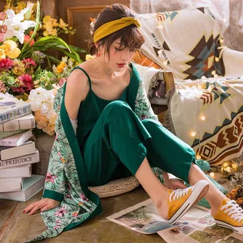 Pyžamo Nastaviť Kvetinový Vytlačené Elegantné 3ks Sleepwear Cardigan+Košieľka+Nohavice Laarge Veľkosť Voľné oblečenie pre voľný čas v Lete Nový Japonský