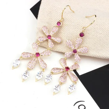 Bilincolor zlatá farba ružová dvojité elegantná kvetina strapec drop náušnice pre ženy
