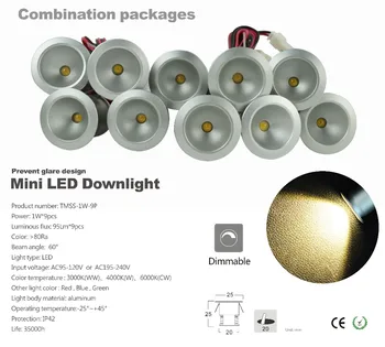 9pcs/veľa kvalitných 1w AC85-265V Mini led kabinetu svetlo mini led downlight led lampa led spot otvor veľkosti 20 mm, doprava zdarma