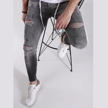 2020 Nové Trendy Mužov Slim Džínsy Šnúrkou Otvor Roztrhlo Fit Džínsové Nohavice Strane Prúžok Zips Ceruzkou Nohavice Hip Hop Streetwear