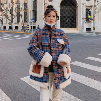 2020 Nové Kórejské Ženy Kabát Baránok Vlna Panelled Krátka Srsť Zimné Oblečenie Móda Teplé Ženské Elegantný Retro Kockovaný Kabát Vlnené