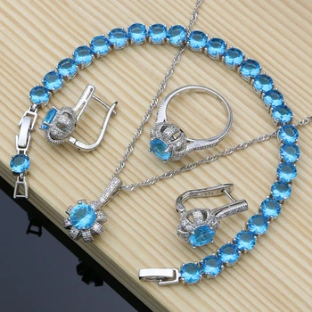 925 Silver Svadobné Šperky Sky Blue (CZ Šperky Sady Pre Ženy Výročie Náušnice S Kamennými Dropshipping Náhrdelník Nastaviť