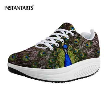 INSTANTARTS Leisure Women Flat Platform Shoes 3D Animal Peacock Printing Swing Shoes Female Breathable Mesh Slimming Shoes Lady